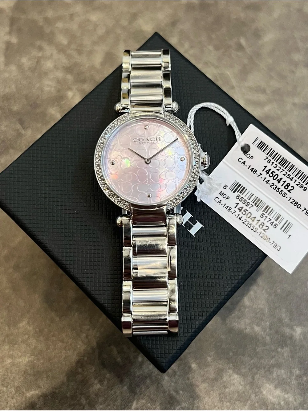 Coach Silver Bracelet Watch with Pale Pink Logo Dial